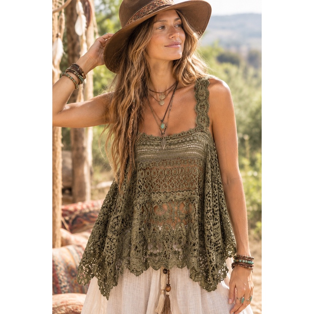 Jaded Gypsy Forever Timeless Tank Women OS Olive Green Crochet Lace Boho Layered
